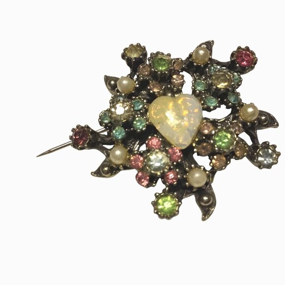 VTG Opaline Heart Brooch Lucite OR Glass Pastel Rhinestone Faux Pearl 1950s MCM - Picture 4 of 6